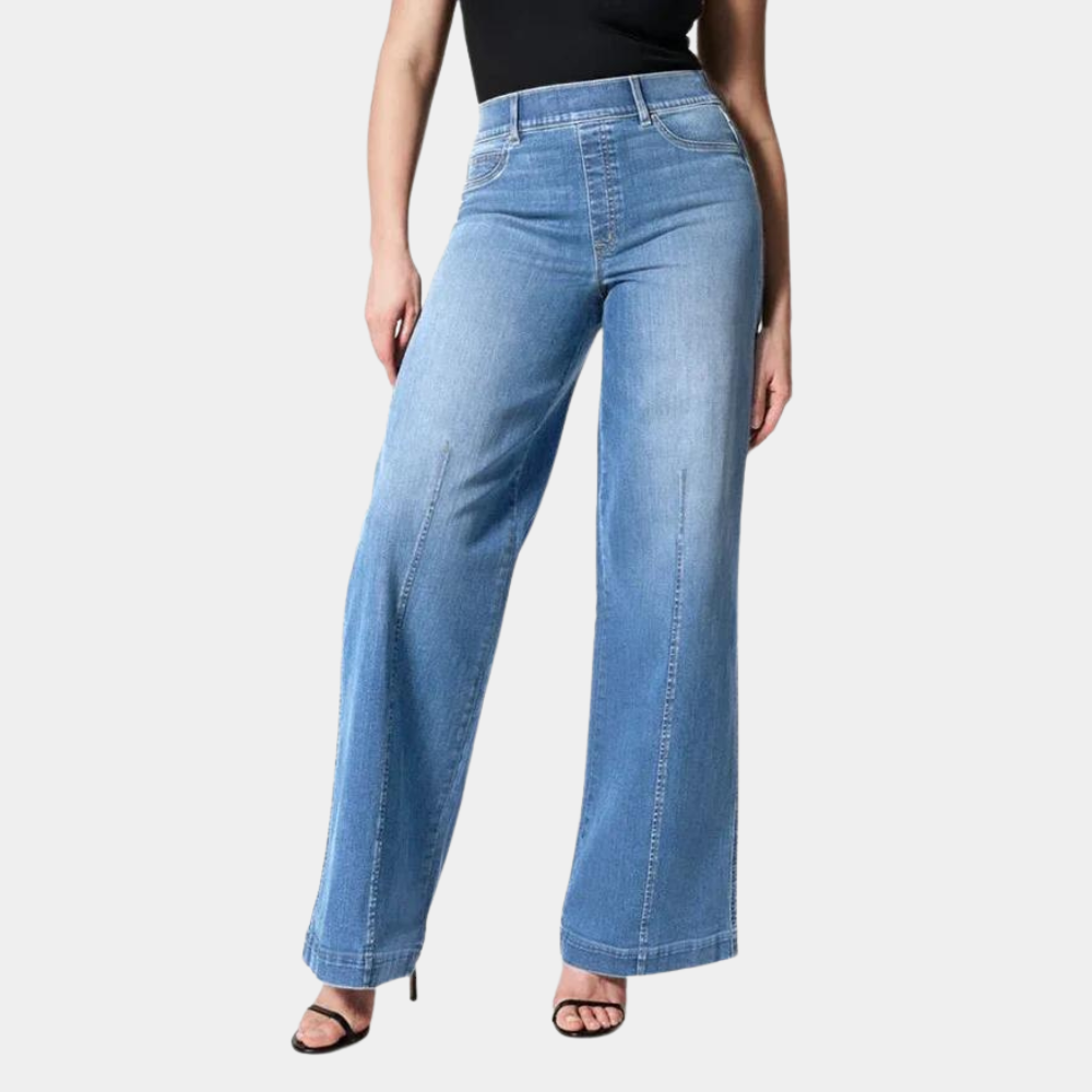 Effortless Blue Denim Wide Leg Jeans for Women with High Waisted Seamed Front Flare Relaxed Style