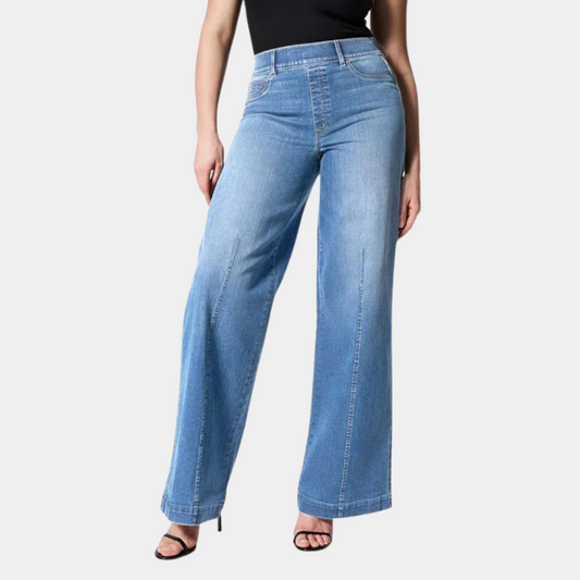 Effortless Blue Denim Wide Leg Jeans for Women with High Waisted Seamed Front Flare Relaxed Style