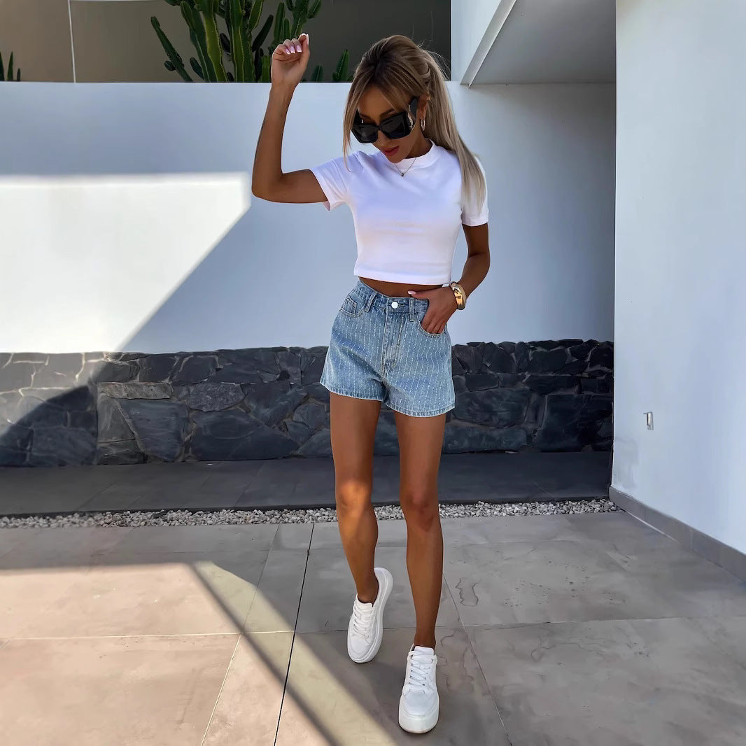 Effortless Blue Rhinestone Jean Shorts for Women with High Waisted Frayed Hem Casual Style