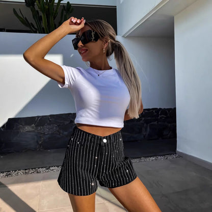 Effortless Blue Rhinestone Jean Shorts for Women with High Waisted Frayed Hem Casual Style