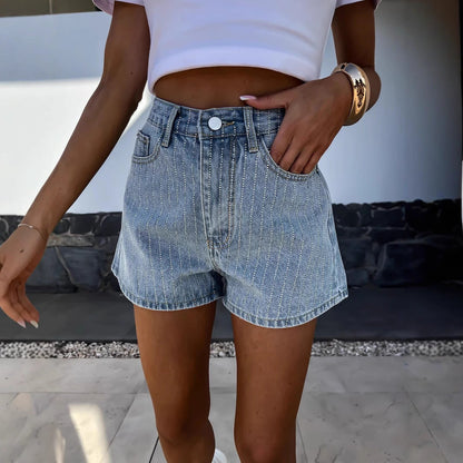 Effortless Blue Rhinestone Jean Shorts for Women with High Waisted Frayed Hem Casual Style