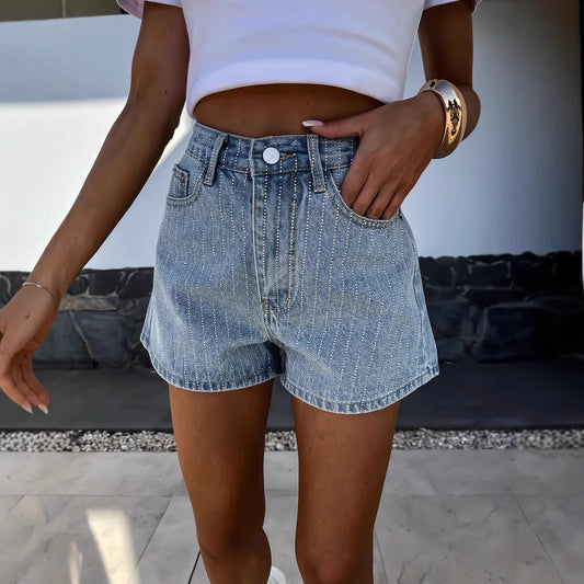 Effortless Blue Rhinestone Jean Shorts for Women with High Waisted Frayed Hem Casual Style