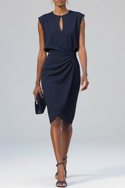Elegant Light Blue Cocktail Dress for Women with Keyhole Neck Sleeveless Ruched Bodycon Midi Party Style