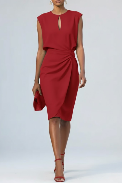 Elegant Light Blue Cocktail Dress for Women with Keyhole Neck Sleeveless Ruched Bodycon Midi Party Style