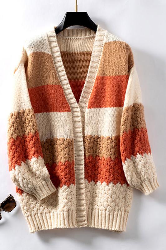 Cozy Striped Knit Cardigan for Women with Open Front Long Sleeve Colorblock Oversized Style