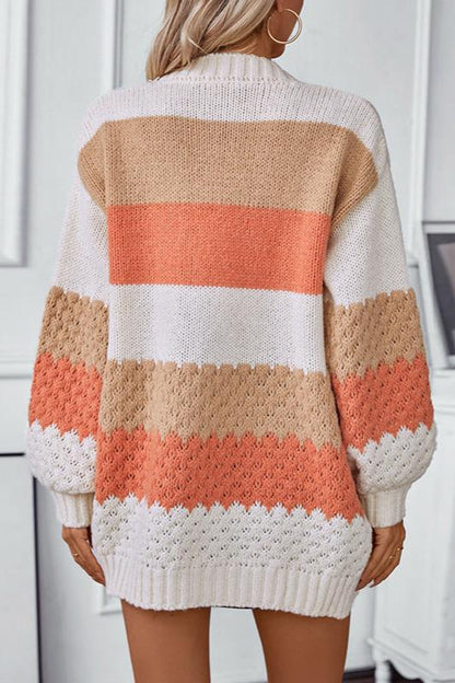 Cozy Striped Knit Cardigan for Women with Open Front Long Sleeve Colorblock Oversized Style