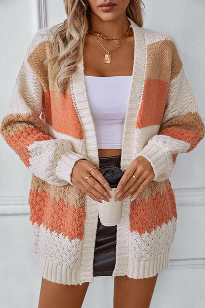 Cozy Striped Knit Cardigan for Women with Open Front Long Sleeve Colorblock Oversized Style
