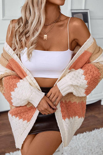 Cozy Striped Knit Cardigan for Women with Open Front Long Sleeve Colorblock Oversized Style
