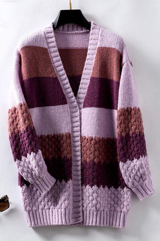 Cozy Striped Knit Cardigan for Women with Open Front Long Sleeve Colorblock Oversized Style