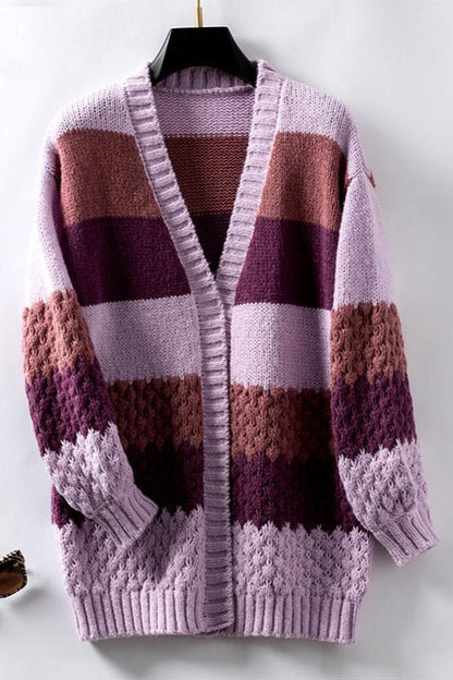 Cozy Striped Knit Cardigan for Women with Open Front Long Sleeve Colorblock Oversized Style