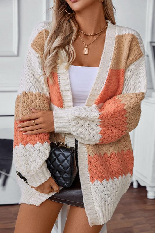 Cozy Striped Knit Cardigan for Women with Open Front Long Sleeve Colorblock Oversized Style