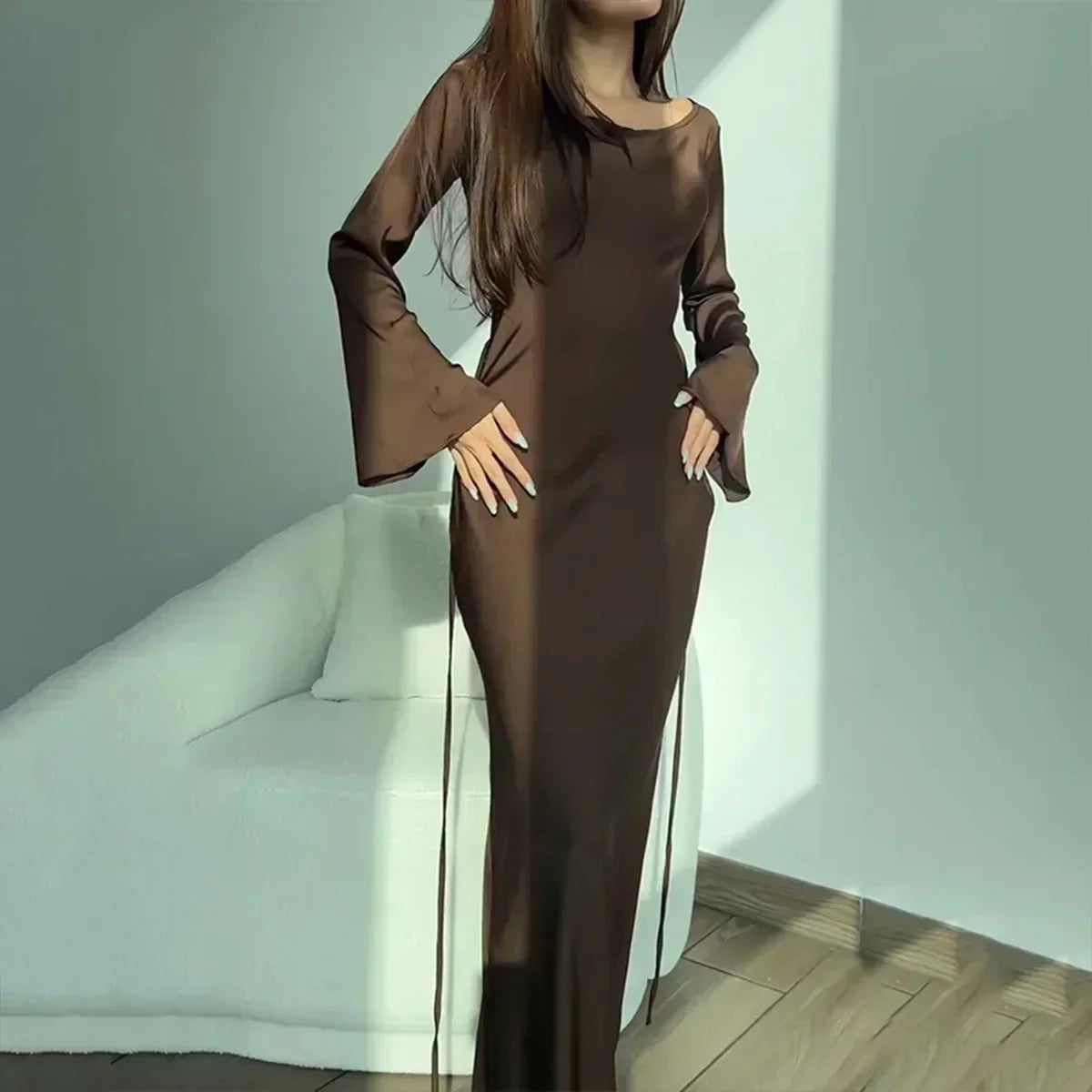 Elegant Satin Fall Wedding Guest Dress for Women with Square Neck Long Sleeve Bell Cuff Bodycon Style
