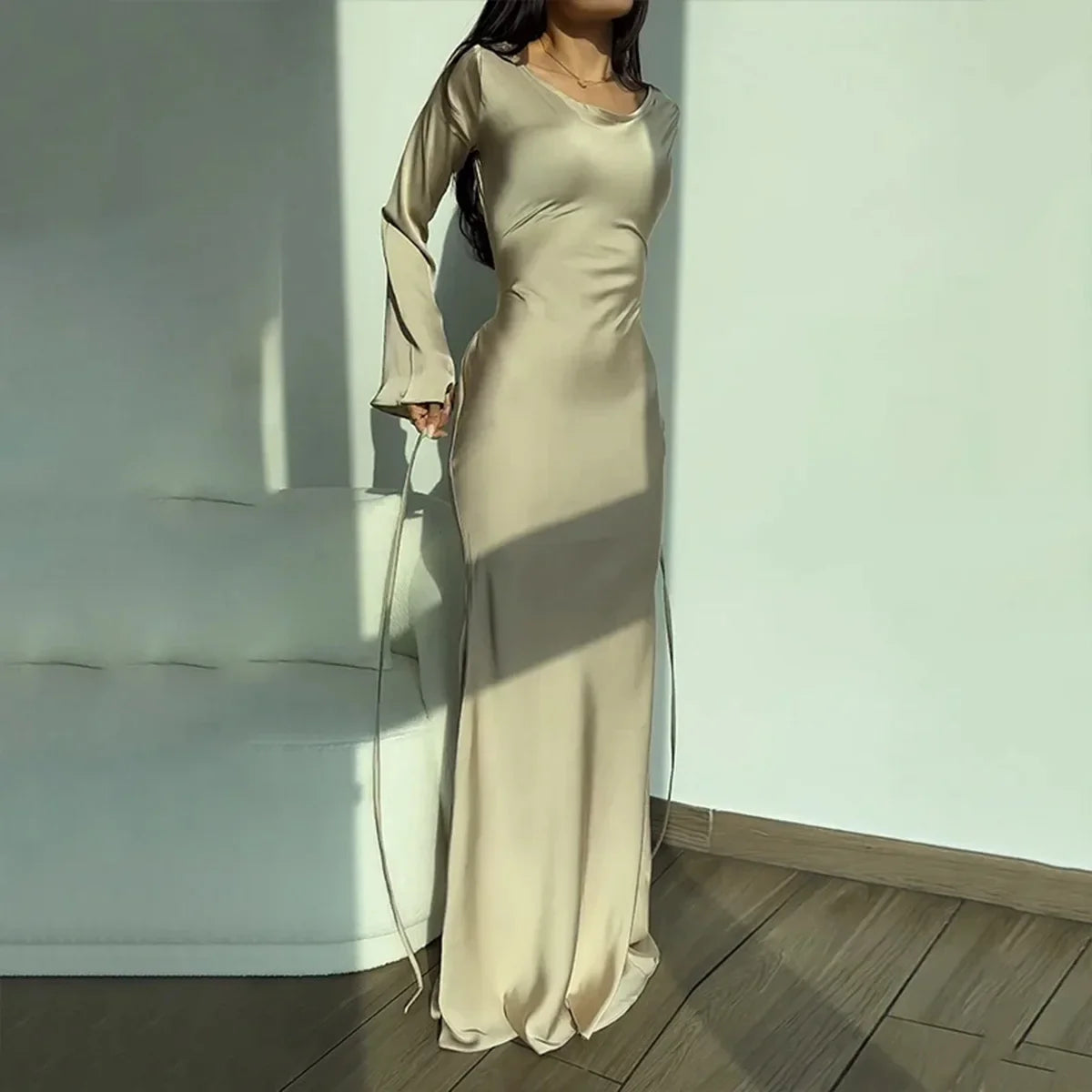 Elegant Satin Fall Wedding Guest Dress for Women with Square Neck Long Sleeve Bell Cuff Bodycon Style