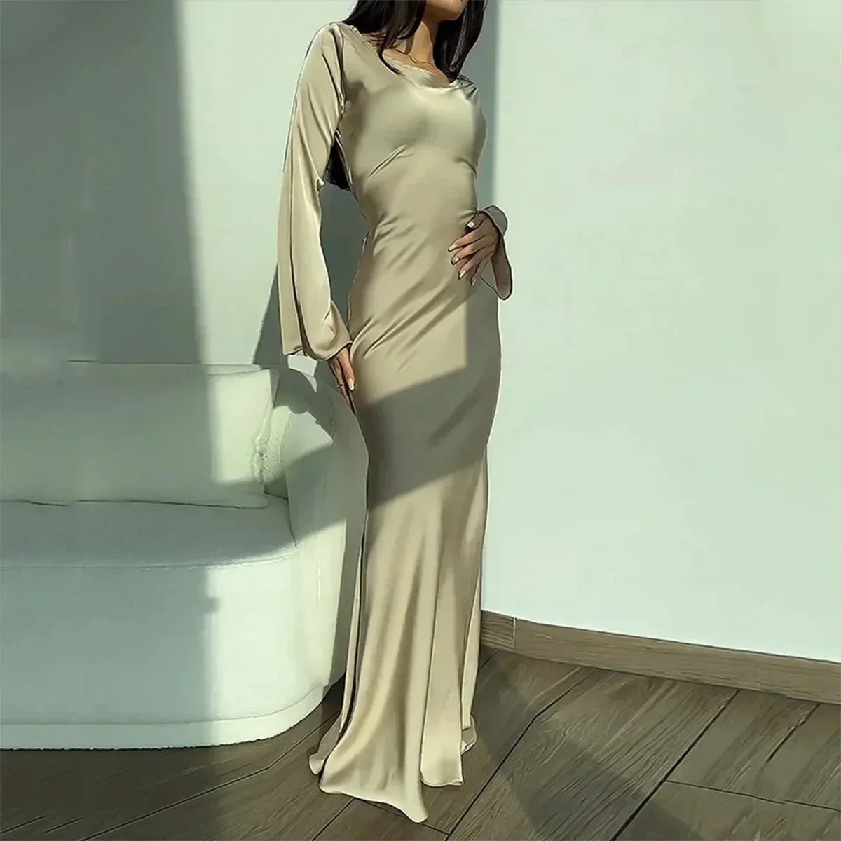 Elegant Satin Fall Wedding Guest Dress for Women with Square Neck Long Sleeve Bell Cuff Bodycon Style