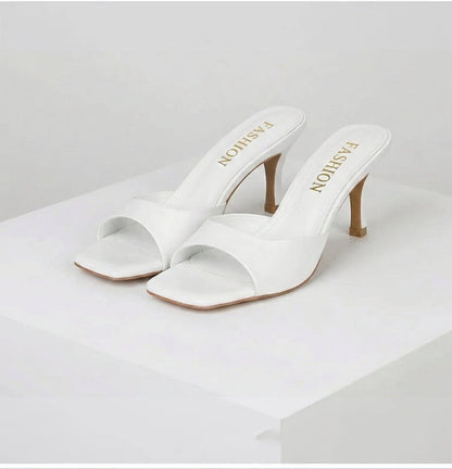 Elegant Mules for Women with Open Square Toe Slip On Stiletto Heel Style