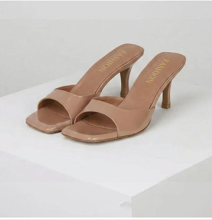 Elegant Mules for Women with Open Square Toe Slip On Stiletto Heel Style