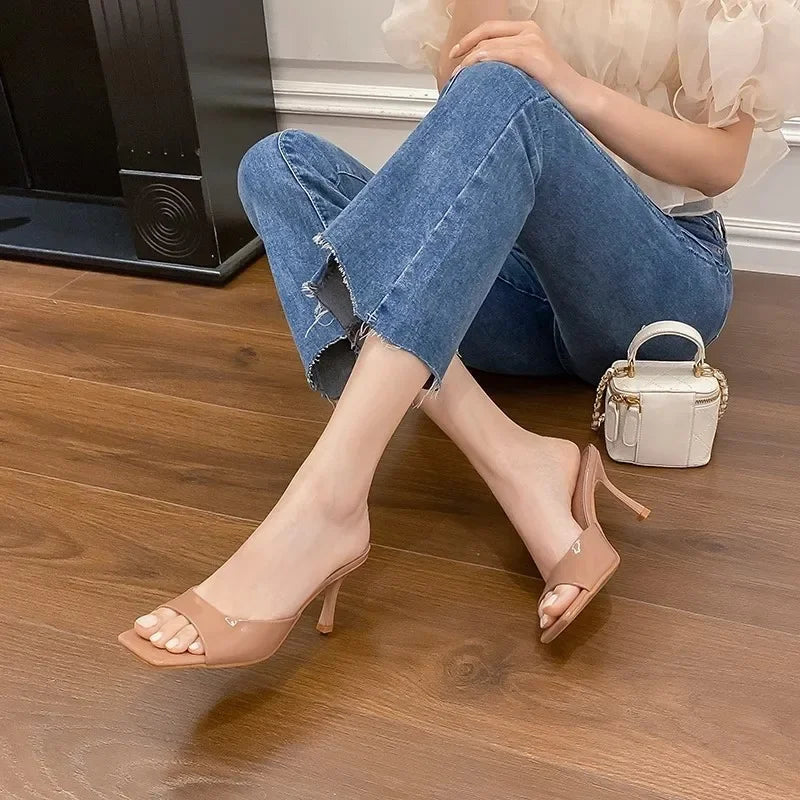 Elegant Mules for Women with Open Square Toe Slip On Stiletto Heel Style