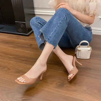 Elegant Mules for Women with Open Square Toe Slip On Stiletto Heel Style