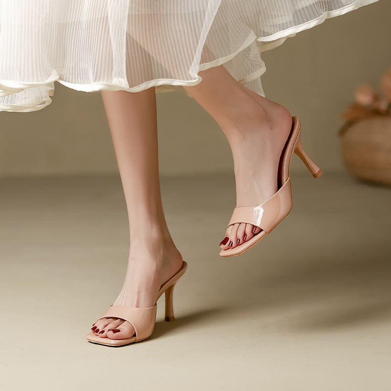 Elegant Mules for Women with Open Square Toe Slip On Stiletto Heel Style