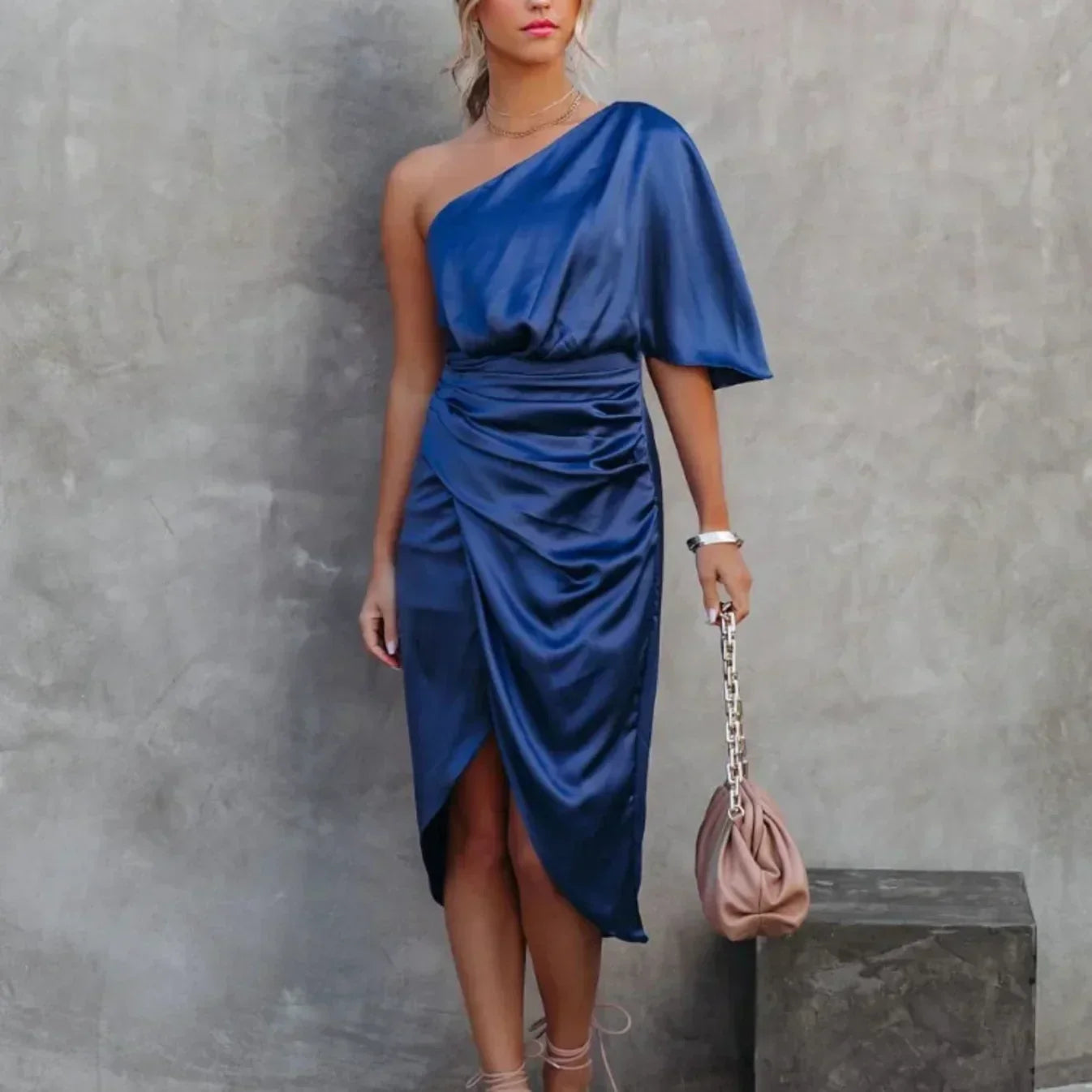 Elegant Satin Wrap Mini Dress for Women with One Shoulder Bell Sleeve Ruched Draped Cocktail Style