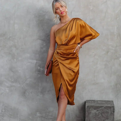 Elegant Satin Wrap Mini Dress for Women with One Shoulder Bell Sleeve Ruched Draped Cocktail Style