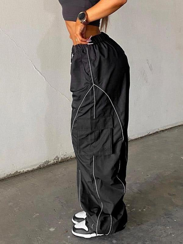 Effortless Black Cargo Pants for Women with High Waist Drawstring Wide Leg Reflective Trim Streetwear Style