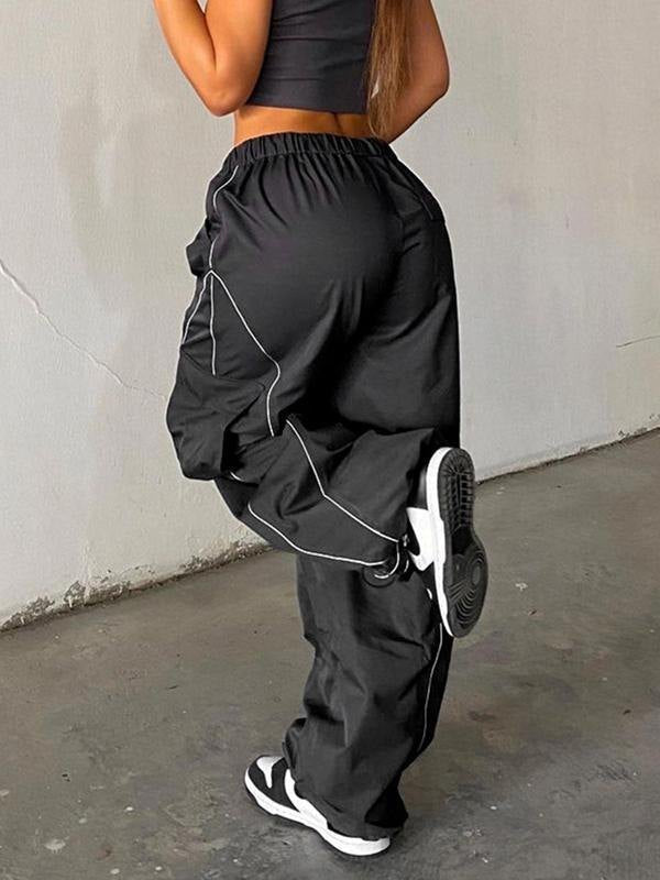 Effortless Black Cargo Pants for Women with High Waist Drawstring Wide Leg Reflective Trim Streetwear Style