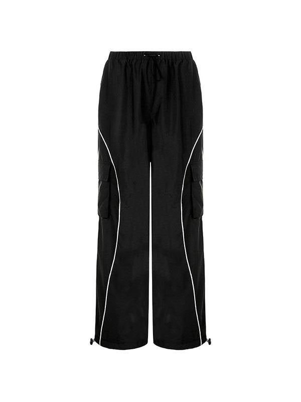 Effortless Black Cargo Pants for Women with High Waist Drawstring Wide Leg Reflective Trim Streetwear Style