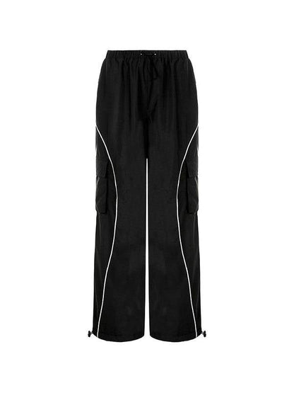 Effortless Black Cargo Pants for Women with High Waist Drawstring Wide Leg Reflective Trim Streetwear Style