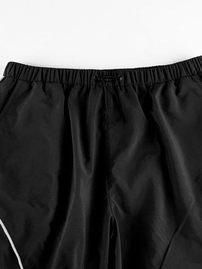 Effortless Black Cargo Pants for Women with High Waist Drawstring Wide Leg Reflective Trim Streetwear Style