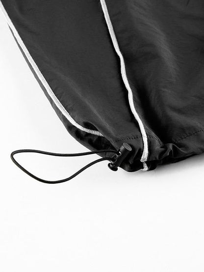 Effortless Black Cargo Pants for Women with High Waist Drawstring Wide Leg Reflective Trim Streetwear Style