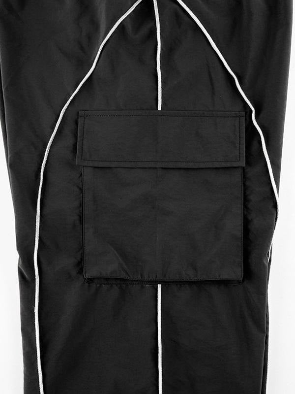 Effortless Black Cargo Pants for Women with High Waist Drawstring Wide Leg Reflective Trim Streetwear Style