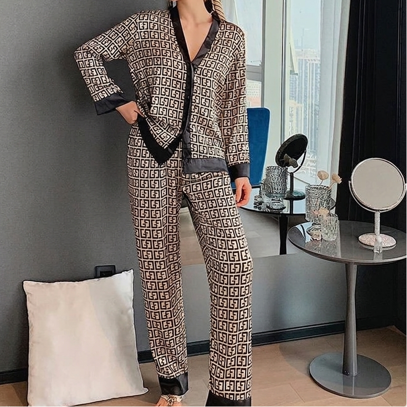 Elegant Geometric Print Pajama Set for Women with V Neck Long Sleeve Satin Trim Two Piece Style