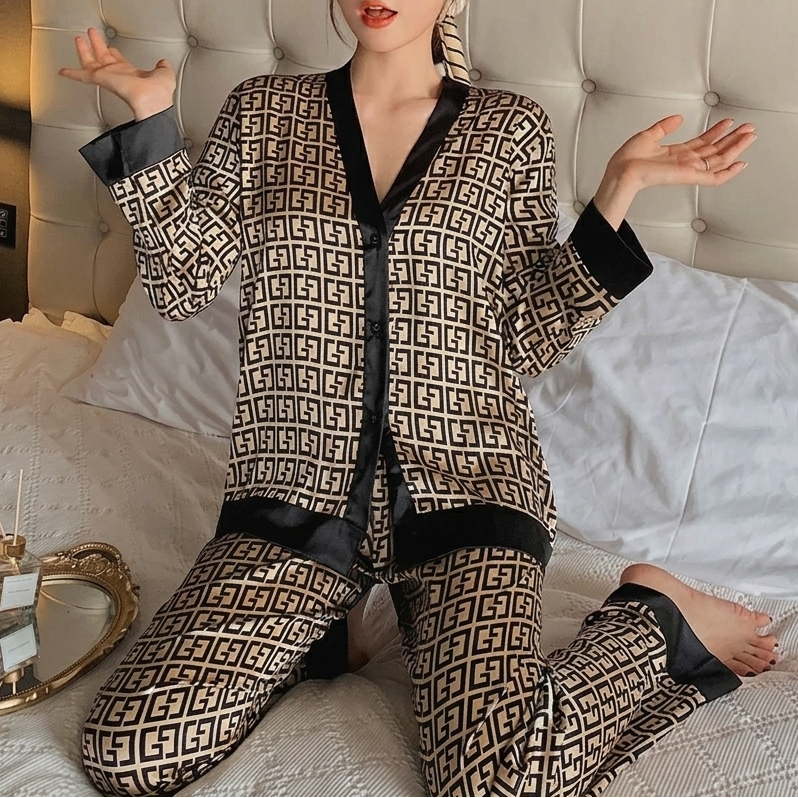 Elegant Geometric Print Pajama Set for Women with V Neck Long Sleeve Satin Trim Two Piece Style