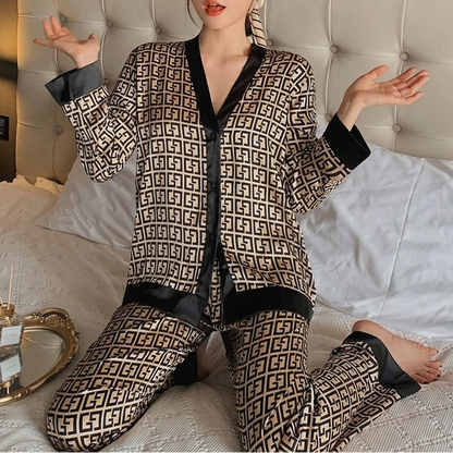 Elegant Geometric Print Pajama Set for Women with V Neck Long Sleeve Satin Trim Two Piece Style