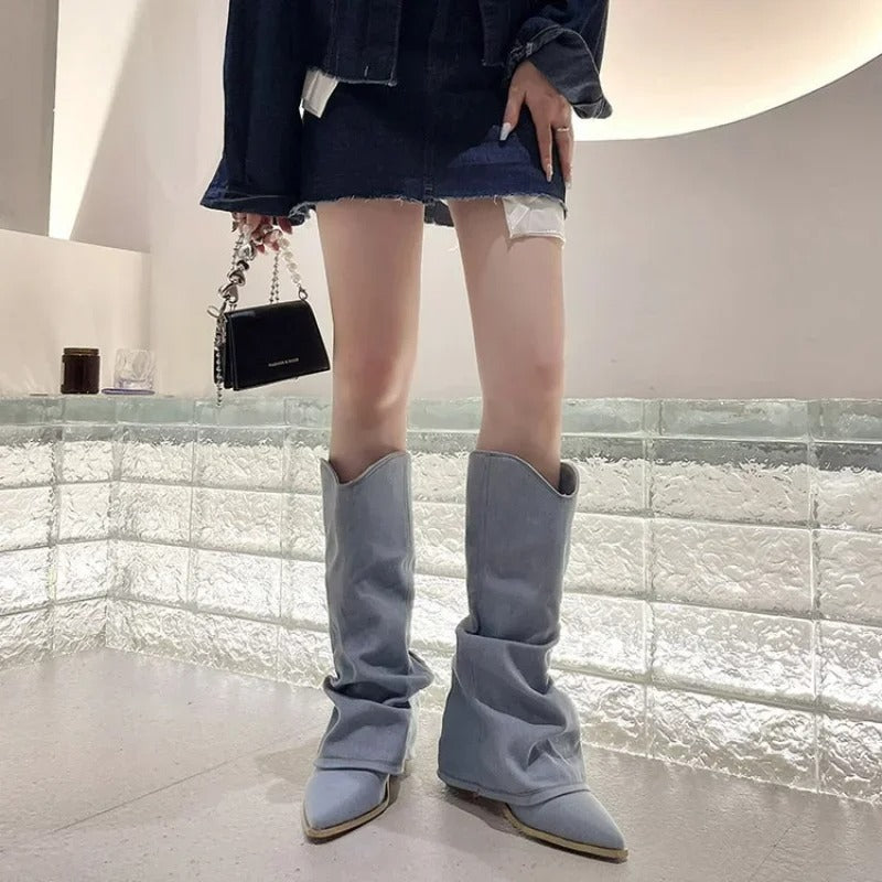 Stylish Light Blue Denim Cowgirl Boots for Women with Slouchy Western Style