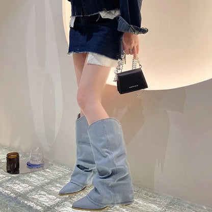 Stylish Light Blue Denim Cowgirl Boots for Women with Slouchy Western Style
