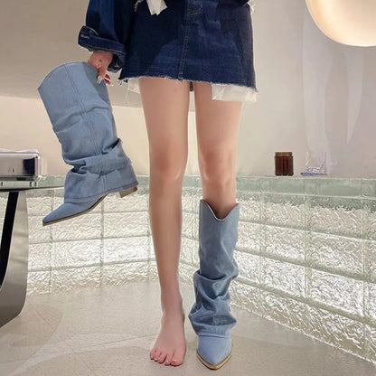 Stylish Light Blue Denim Cowgirl Boots for Women with Slouchy Western Style