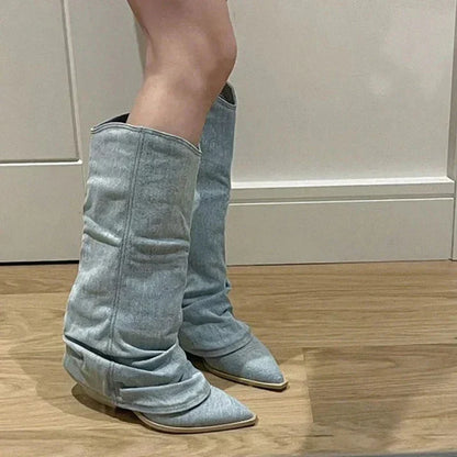 Stylish Light Blue Denim Cowgirl Boots for Women with Slouchy Western Style