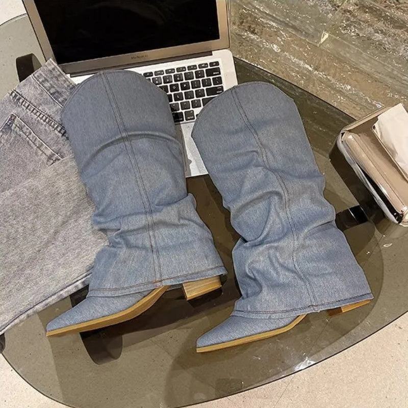 Stylish Light Blue Denim Cowgirl Boots for Women with Slouchy Western Style