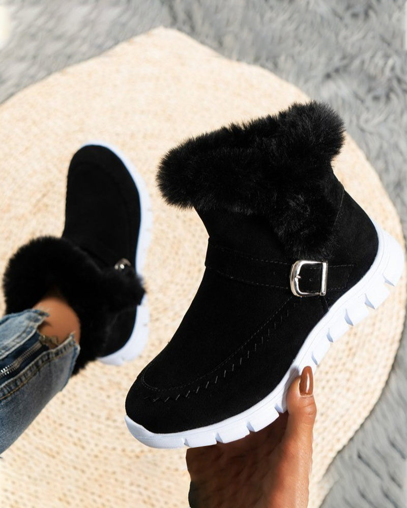Cozy Suede Snow Boots for Women with Fluffy Trim Ankle Buckle Style