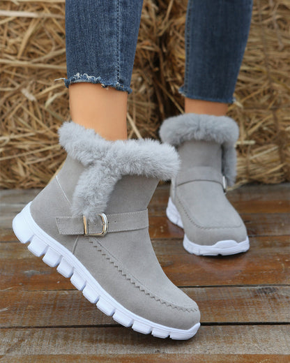 Cozy Suede Snow Boots for Women with Fluffy Trim Ankle Buckle Style