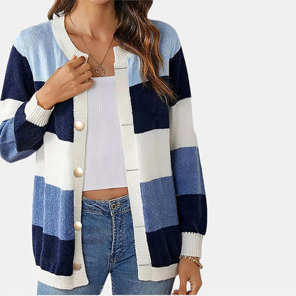 Cozy Colorblock Knit Cardigan for Women with Round Neck Long Sleeve Button Front Relaxed Oversized Style