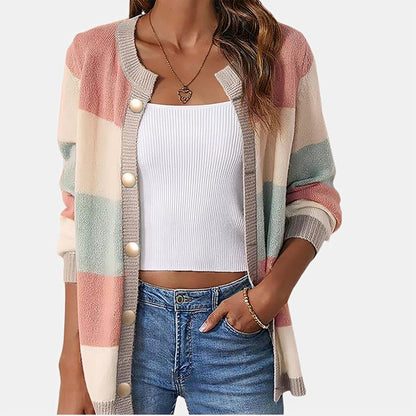 Cozy Colorblock Knit Cardigan for Women with Round Neck Long Sleeve Button Front Relaxed Oversized Style