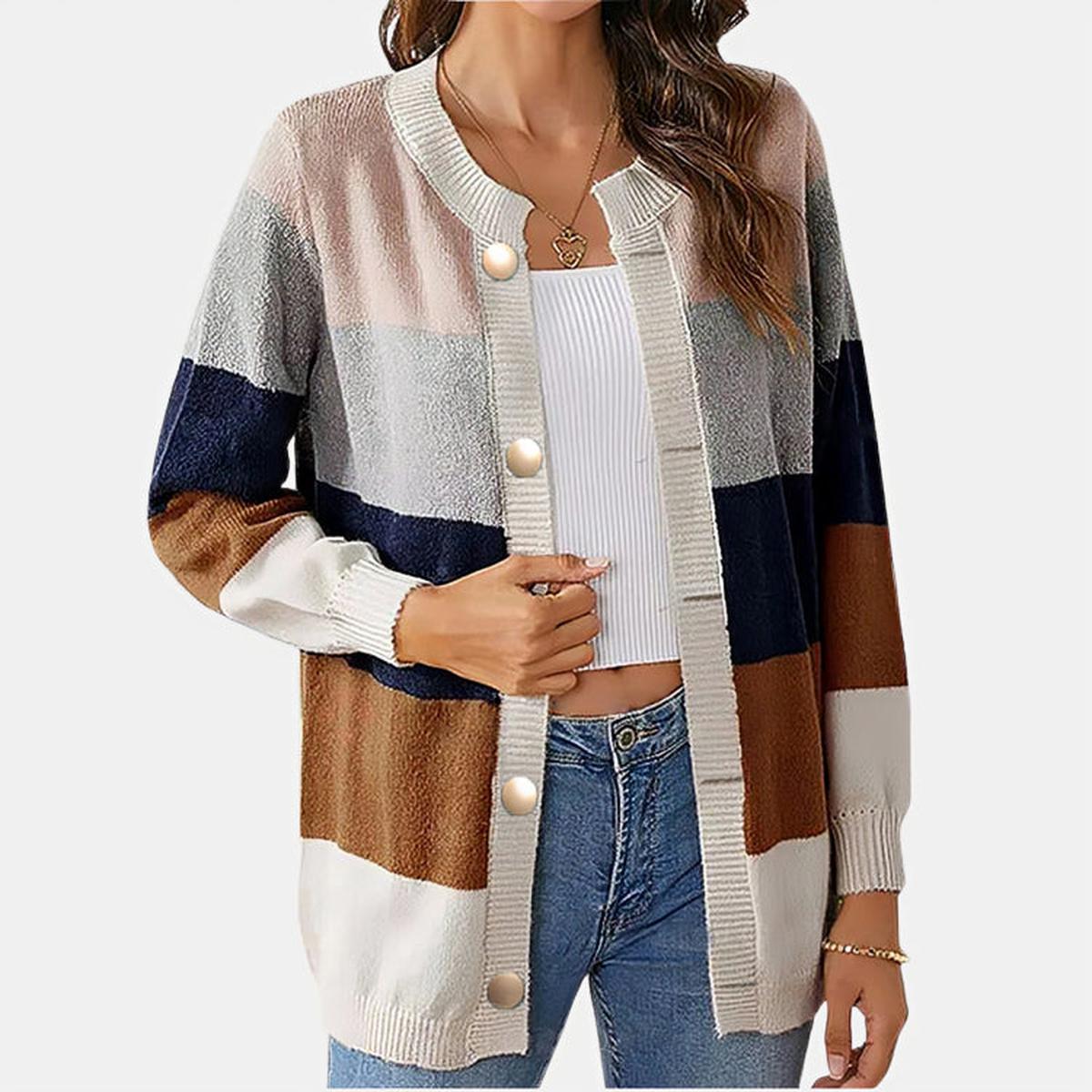 Cozy Colorblock Knit Cardigan for Women with Round Neck Long Sleeve Button Front Relaxed Oversized Style