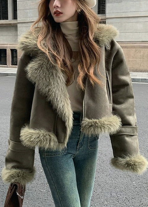 Cozy Army Green Suede Jacket for Women with Faux Fur Collar Long Sleeve Shearling Moto Style