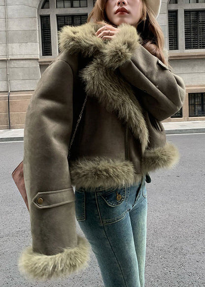 Cozy Army Green Suede Jacket for Women with Faux Fur Collar Long Sleeve Shearling Moto Style