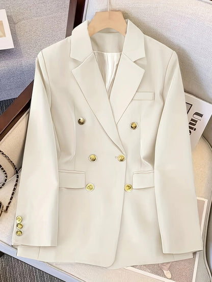 Elegant Double Breasted Blazer for Women with Long Sleeve Peaked Lapel Gold Button