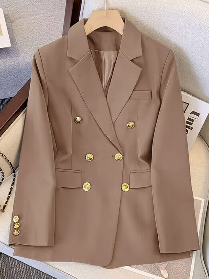 Elegant Double Breasted Blazer for Women with Long Sleeve Peaked Lapel Gold Button