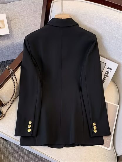 Elegant Double Breasted Blazer for Women with Long Sleeve Peaked Lapel Gold Button